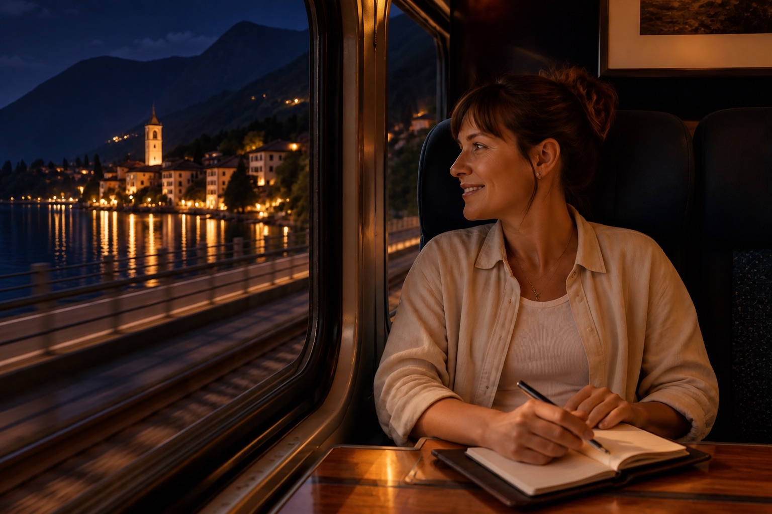 A traveler writing notes by the window of a train at night, a lakeside village lit up outside