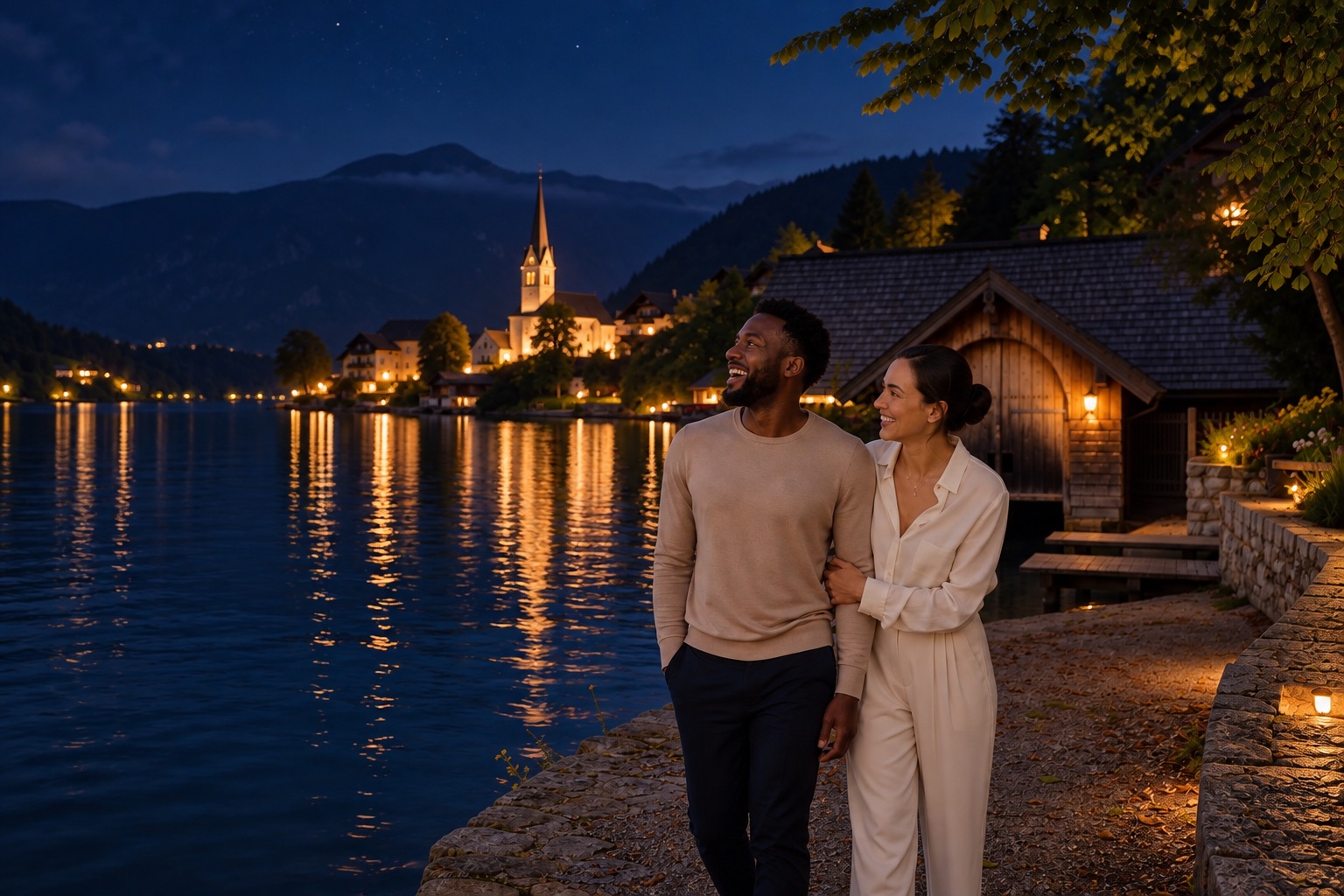 A couple laughing together on a lakeside walk at night, the village lights reflected in the water